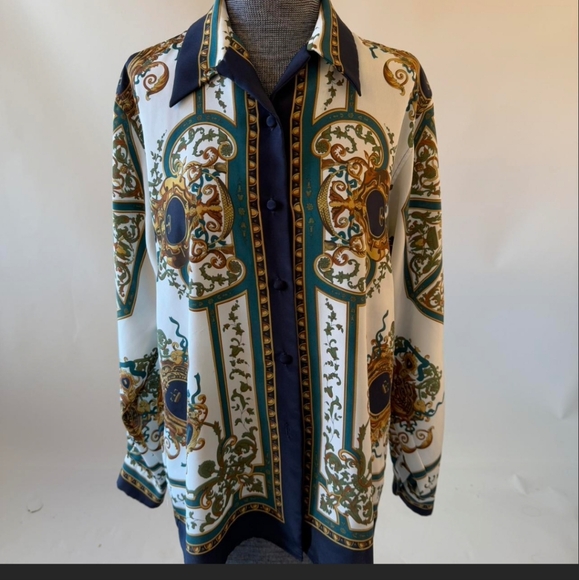 Vintage Botton Down Baroque Print Blouse Navy and Gold - Picture 1 of 8